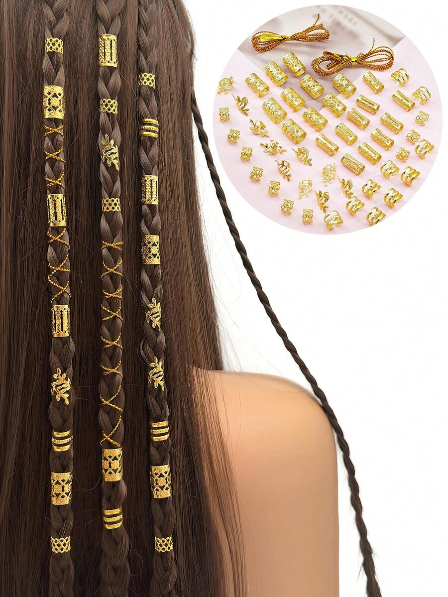 52件組金色金屬線繩太陽髮圈混色套裝，女款編髮髮飾，度假派對髮夾，萬聖節髮飾