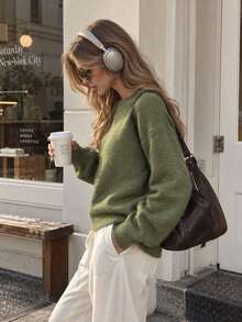 Women's Army Green Loose Knit Long Sleeve Round Neck Sweater For Fall Winter Daily Wear, Soft Medium Stretch Drop Shoulder Top - Green - View 5