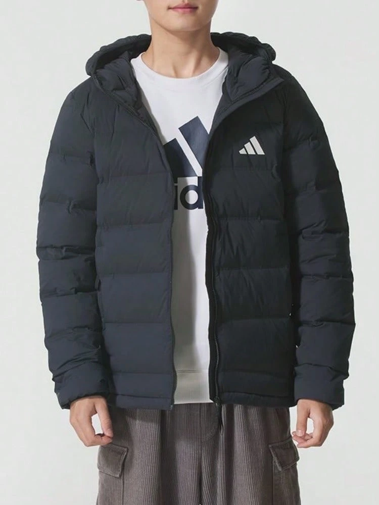 Adidas 600-Fill Down Hooded Jacket, Warm, Water-Resistant, Windproof, Stylish, Comfortable, Minimalist, Solid Color, Men's - Black - View 1