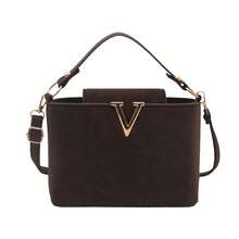 Women's Mini Bucket Bag, V-Shaped Metal Decor Handle Handbag, Casual Crossbody Bag With Detachable Shoulder Strap - Coffee - View 13