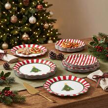 10/20/50pcs Christmas Tree Wavy Edge Disposable Paper Plates, 7 Inch And 9 Inch, Wavy Edge Red And White Striped Christmas Dinner Plates, Christmas Eve Family Dinner, Holiday Office Party, Winter Solstice Dinner Tableware - Multicolor - View 3