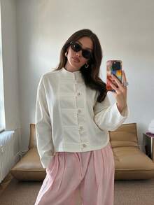 Women's Fall Winter White Stand Collar Decorative Button Placket Long Sleeve Cropped Jacket, Oversized Retro Casual Daily Travel Party Commute Wear - White - View 5