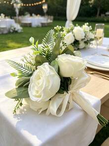 1 Bunch Ivory White Artificial Rose Bouquet, Suitable For Wedding, Proposal, Party, Church And Other Occasions - Multicolor - View 3
