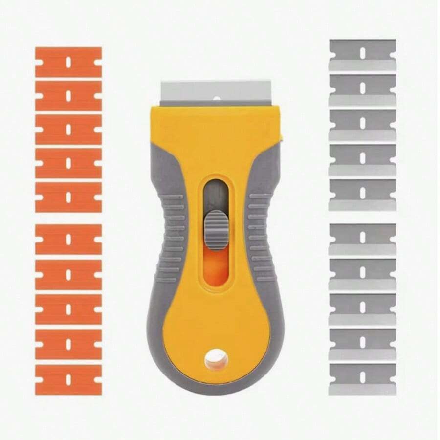 1set Razor Blade Scraper, Glass Scraper Scraping Tool With 10PCS Steel &10pcs Plastic Extra Blades For Removing Stickers, Papers, Food Residue, Paint, Glue From Oven, Window - Multicolor - View 1