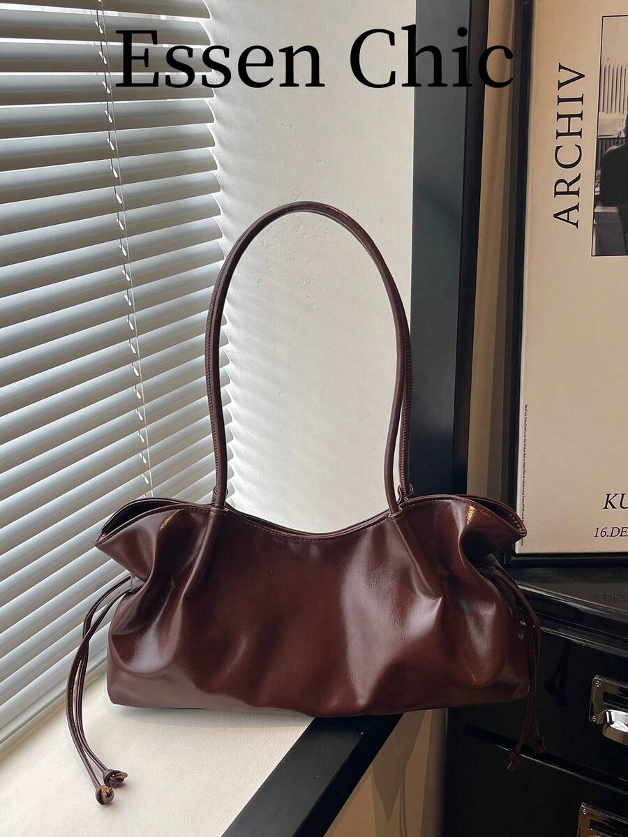 1pc Coffee Brown Solid Color PU Large Capacity Tote Bag Women's Shoulder Bag