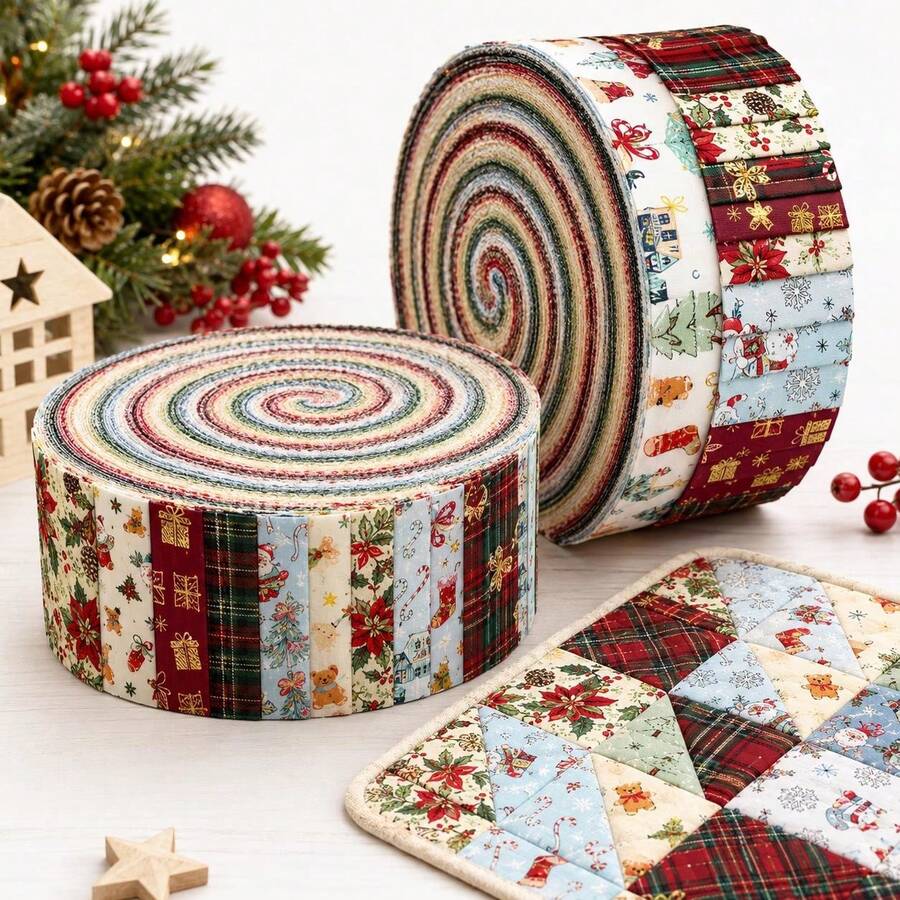 10pcs Vintage Snowy Santa Plaid Christmas Fabric Strips For Patchwork Sewing, Suitable For Christmas Decor Blankets, Table Runners, Handbags, Edging And Coasters - Multiple Styles - View 1