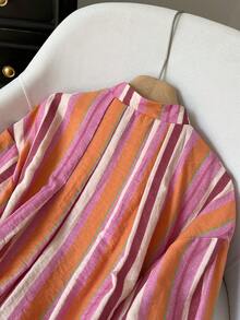 GMFP Women's Multi-Color Vertical Striped Stand Collar Short Zip-Up Jacket, Contrast Design Casual Vacation Style Top - Hot Pink - View 11