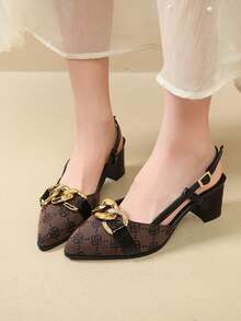 Coffee Brown Metal Chain Pointed Toe Hollow Back Chunky Heel Sandals Women Spring Autumn Vintage Commute Slingback Shoes - Coffee Brown - View 5