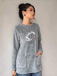 SUNSTORY Women's Winter Grey Crew Neck Rugby Heart Embroidery Long Plush Top, Casual Slouchy, Suitable For Home, Daily Outings, Watching Sports, Binge-Watching, Shopping - Dusty Blue - View 3