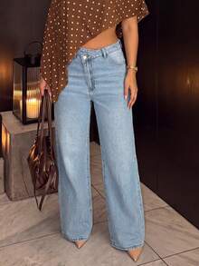 Cross-Border European And American High Street Style Asymmetrical Waist Design, Loose Casual Straight Leg Denim Jeans For Women - Medium Wash - View 8