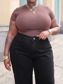 Women's Plus Size Black Denim Straight Leg Pants, Fleece Lined Non-Stretch Zipper Long Pants, Fashionable - Black - View 5