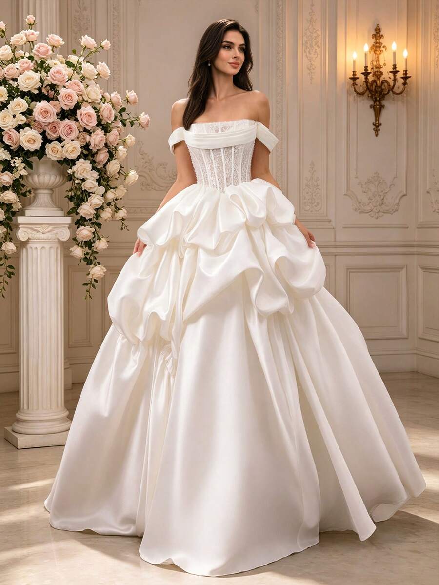 HEARBOBO 奢華皇家風 A 字版型花瓣袖拖尾婚紗禮服