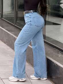 Women Plus Size Retro Minimalist Elastic Waist Loose Straight Leg Jeans Casual Spring Fall - Light Wash - View 4
