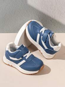 Blue And White Color Block Striped Hook And Loop Round Toe Casual Sports Shoes, Toddler Boys Running Shoes, Suitable For Daily Outdoor Walking - Blue - View 3