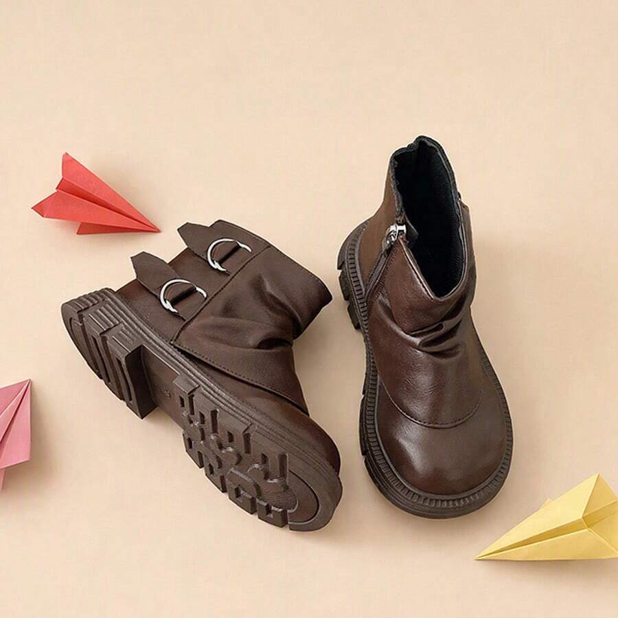 1 Pair Kids Cool Dark Brown Ruched Metal Buckle Side Zipper Ankle Boots, Suitable For Daily School Life, Shopping And Outings - Brown - View 1