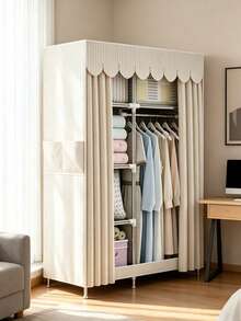 Off-White Striped Simple Fabric Wardrobe, Compatible With Plastic Hangers, Side Mesh Pocket, Metal Frame With Foot Pads, For Bedroom Clothes Storage, Dustproof & Bedroom Organization - Multicolor - View 3