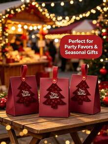 1/10pcs Burgundy Christmas Tree Shaped Gift Box, 'Merry Christmas' Decorative Tag, Leather Handle Holiday Gift Packaging Box - A - View 5
