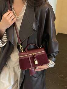 1pc Fashionable Daily Shoulder Bag, Korean Ins Style Square Box Crossbody Bag - Burgundy - View 4