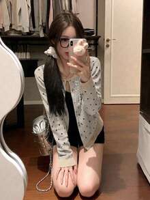 女款圓領針織開襟衫，寬鬆慵懶顯瘦短版夾克上衣 - 杏色 - 查看 8