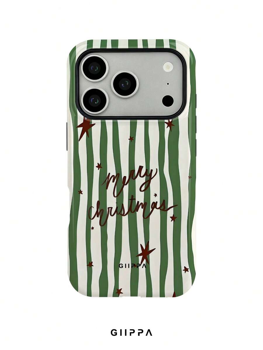 GIIPPA 1pc Green & Yellow Striped And English Slogan Pattern Design Phone Case, Compatible With IPhone 17 Pro Max, 16 Pro Max, 15 Pro Max, 14 Pro Max, Korean Style High-End Fashionable And Fun Phone Case, Suitable For 11/12/13/14/15/16 Pro Max Plus, Elegant Design Unisex, Perfect Gift For Girlfriend On Christmas, Valentine's Day, Easter, Wedding Season And Birthday! - Multicolor - View 1