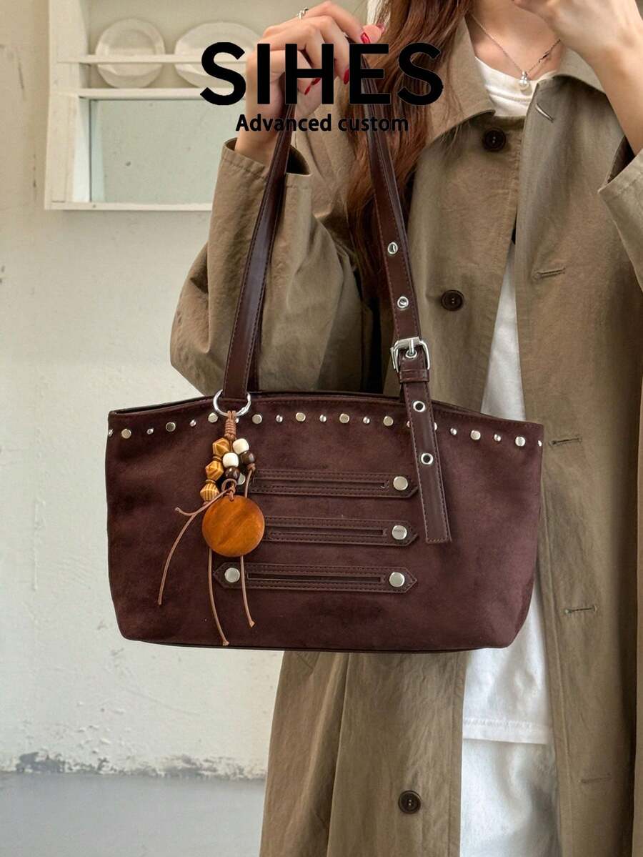 1pc Solid Color Suede Velvet New Women's Bag, Shoulder Bag, Fashion Large Capacity Baguette Bag, Zipper Closure, Dual Handles, Suitable For Commuting, Shopping, Dating, Shopping