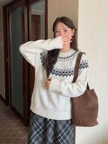 女款冬季費爾島圖案針織毛衣，羅紋細節，秋季時尚舒適長袖標準版上衣 - 白色 - 查看 5