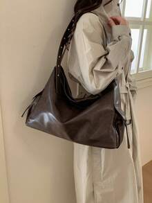 Fashion Solid Color PU Shoulder Tote Bag, Suitable For Women's Shopping, Commuting And Daily Use - Coffee - View 5