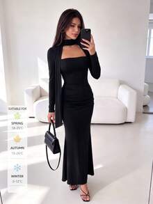 SUNSTORY Women's Autumn Black Square Neck Square Neck Bow Long Sleeve Ruched Waist Mermaid Mid-Length Dress, Suitable For Dating, Party, Christmas, New Year, Back To School Dance - Black - View 10