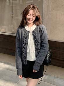 Autumn/Winter New Korean Style Round Neck Cable Knit 2 In 1 Cardigan Casual Versatile Sweater Top - Dark Grey - View 4