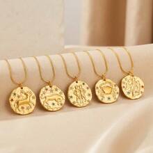 1pc 12 Zodiac Signs Necklace, Stainless Steel Material, 12 Zodiac Signs Colorful Rhinestone Pendant Necklace, Women's Necklace, Exquisite Jewelry - Gold - View 2