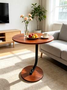 Modern Round Side Table, 40 Cm Marble-Effect & Walnut Top, 58 Cm High, Thick Steel Frame, Sofa & Bedside Accent Table – 3 Colours - Mocha Brown - View 3