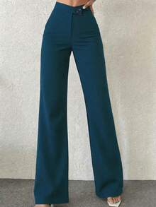 Women's Solid Color Casual Elegant High-Waisted Straight-Leg Pants, Suitable For Daily Outings, Office Commute, Home, Dates, Small Parties, Light Social Occasions - Blue - View 5