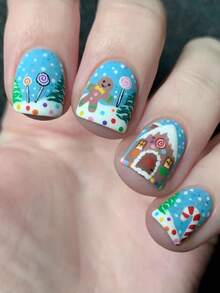 24pcs Short Square Christmas Nails, Christmas Tree, Santa Claus, Snowman, Reindeer, Snowflake, Gingerbread Man, Candy Cane, Christmas Hat Nail Art, Square Nail Set Includes: 1pc Double-Sided Tape And 1pc Nail File, Christmas Nails Suitable For Women And Girls Daily Life And Party Use - Multicolor - View 2