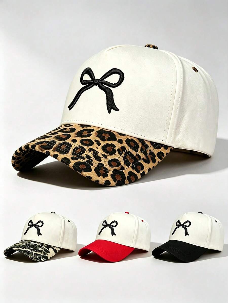1pc Unisex Color‑Block Curved Brim Baseball Cap, Black Bow Embroidery, Adjustable Strap, For Daily, Street, Outdoor, Travel Wear
