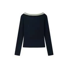 Early Autumn Design Korean Style Bow U-Neck Long Sleeve T-Shirt Top - Navy Blue - View 6