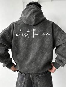 Men's C'est La Vie Slogan Hoodie, Minimalist Loose Fit Washed Pullover Sweatshirt - Black - View 1