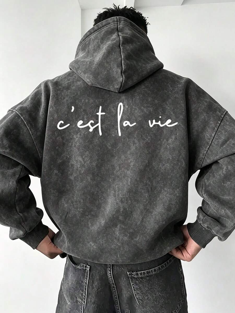 Men's C'est La Vie Slogan Hoodie, Minimalist Loose Fit Washed Pullover Sweatshirt - Black - View 1