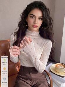 SUNSTORY Women's Autumn Beige Polka Dot Frill Trim Mock Neck Slim Fit Long Sleeve Mesh Top, Suitable For Commuting, Dating, Daily Outings, Party Occasions - White - View 5