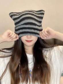 1pc Women's Fashion Striped Cat Ear Knit Beanie, Cute Versatile Warm Pullover Hat, Suitable For Autumn/Winter Daily Wear, Warm, Outdoor Fashion Accessory - Multicolor - View 3