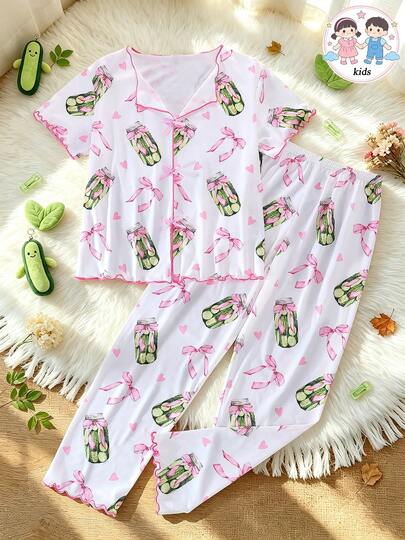 2pcs/Set Tween Girl Short Sleeve Pajama Set, Flame Retardant Fabric, Pickle & Cucumber Jar Bow Print Pattern, Lapel Short Sleeve Pullover Top And Long Pants Set, All Season Wear, Home Wear, Comfortable & Loose Fit, Girls Middle & Big Tween Girl