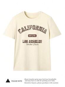 Women Casual Leopard Print & Letter Graphic Round Neck Short Sleeve T-Shirt, Summer - Light Apricot - View 3