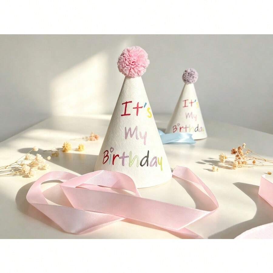 Pom Pom Birthday Hat, Cute Photo Prop Party Hat For Birthday, Shower, Anniversary & Party Decorations - View 1