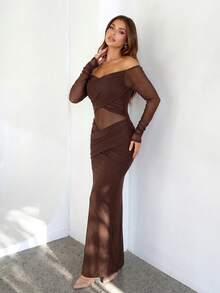 PARTHEA Elegant Brown Off Shoulder Mesh Sleeve Sheer Waist Ruched Maxi Evening Party Dress For Women - Brown - View 8