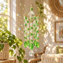 Green Beaded Suncatcher Hanging Ornament, Rainbow Maker Chandelier With Teardrop Pendants For Window, Home & Garden Decor - Green Copper Frame Wind Chime - View 10