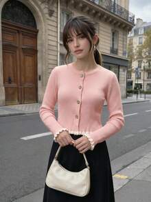 Women's Graduation Season Casual Vacation Round Neck Cream Yellow Ruffle Button Knit Pullover, Suitable For Work/Office - Pink - View 7