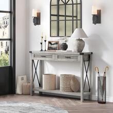 Mesa Consola Para Entrada,Mesa Consola Bohemia De 43 Pulgadas Con Cajones De Ratán,Mesa De Entrada o Sofá De Madera Con Almacenamiento, Diseño Decorativo Para Sala, Pasillo o Recibidor, Estilo Rústico - Gris - Ver 5