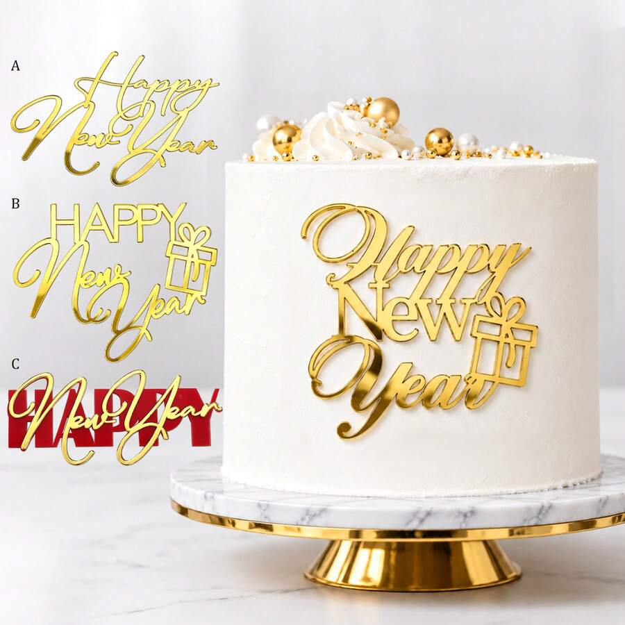 1 cái/3 cái/6 cái topper bánh kem acrylic Happy New Year, trang trí bánh gương vàng, thiết kế hộp quà, trang trí bánh tiệc đêm giao thừa, dụng cụ làm bánh tráng miệng - Nhiều màu - Xem 1