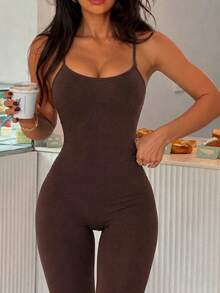 Sexy Hot Girl Style Spaghetti Strap Fitted Fashion Solid Color Long Jumpsuit Summer Brown - Brown - View 3