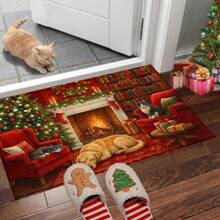 1pc Christmas Series Fireplace Cat & Dog Warm Pattern Printed Faux Wool TPR Bottom Door Mat, Bathroom Mat, Kitchen Mat, Laundry Room Mat, Holiday Atmosphere Decor, Home Decor, Party Decor, Wedding Decor, Dining & Kitchen Decor - Multicolor - View 11