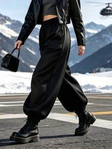 Women's Spring Autumn Outdoor Casual Loose Long Pants, Versatile Daily Sports Trousers - Black - View 2